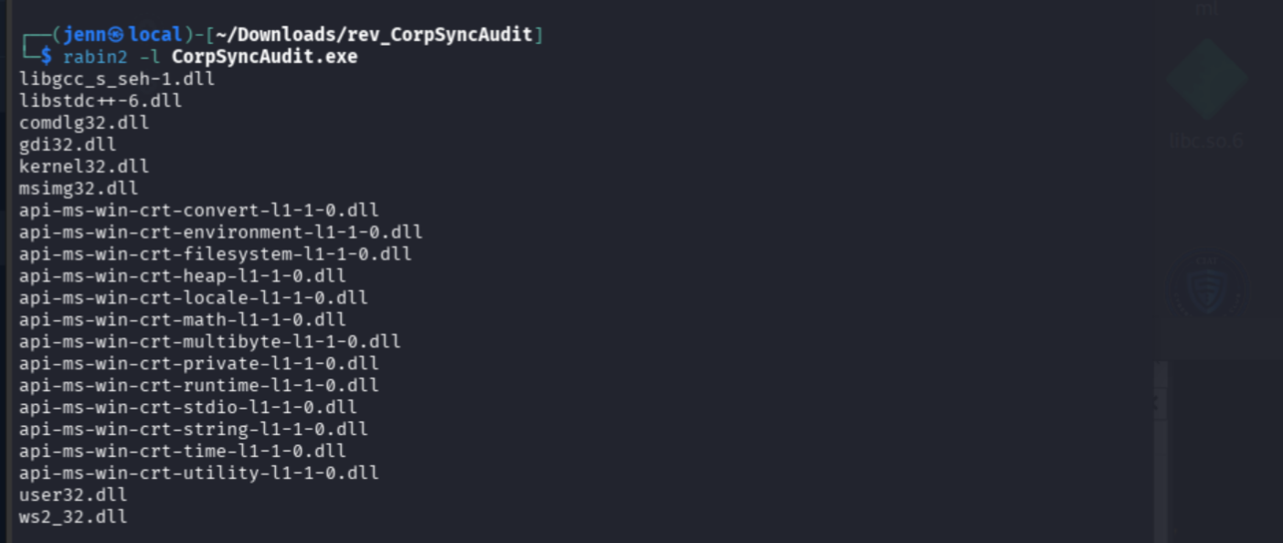 rabin2 linked libraries including WS2_32.dll